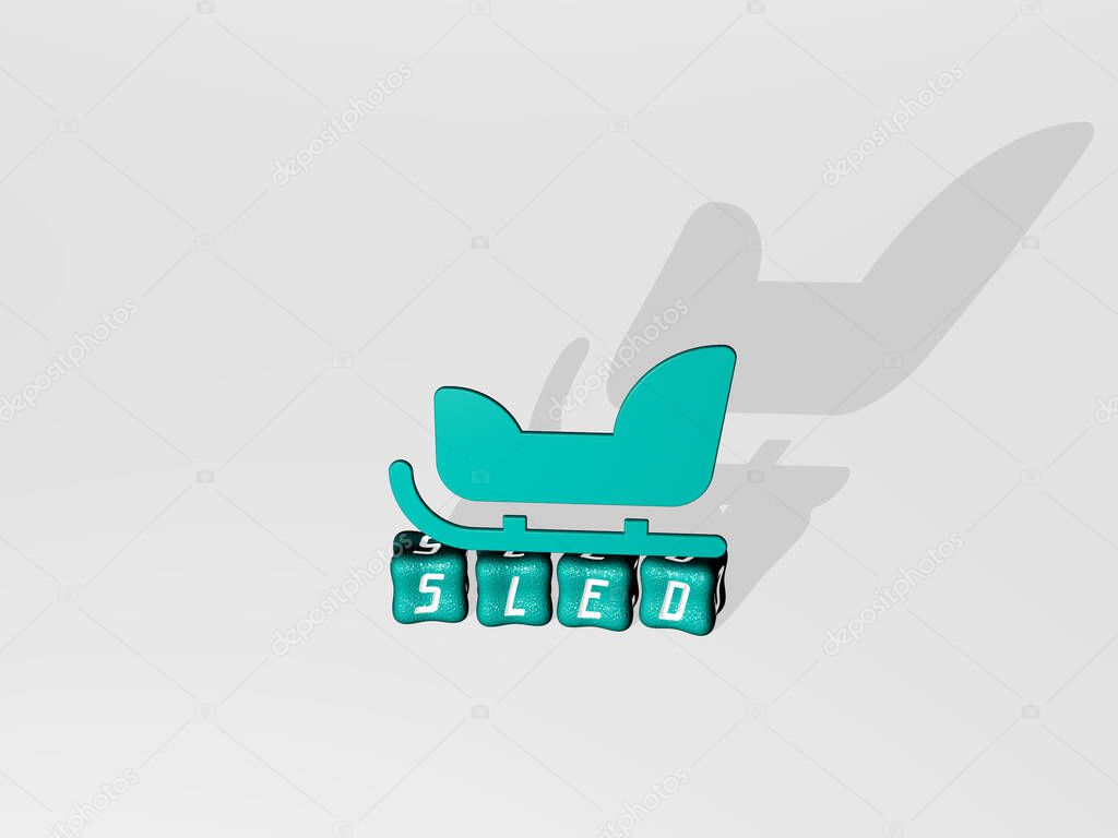 sled 3D icon on cubic text, 3D illustration for winter and christmas