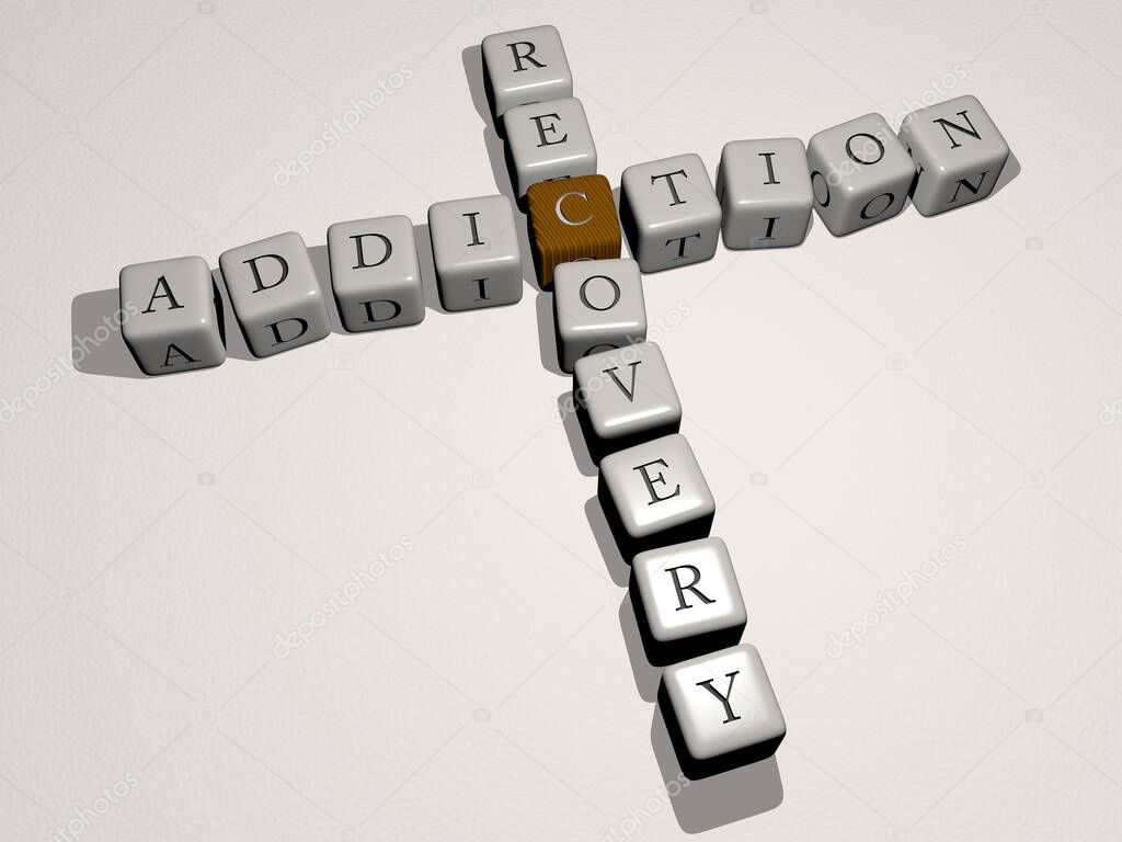 ADDICTION RECOVERY crossword by cubic dice letters, 3D illustration for background and concept