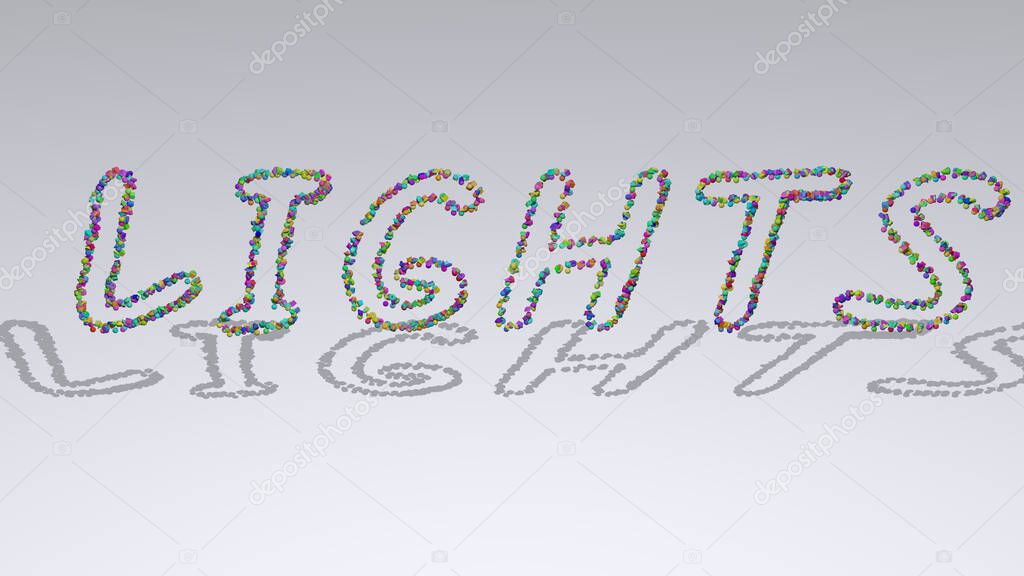 lights: 3D illustration of the text made of small objects over a white background with shadows for abstract and christmas