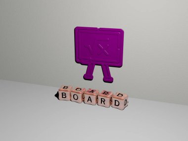 board 3D icon on the wall and cubic letters on the floor, 3D illustration for background and wooden clipart