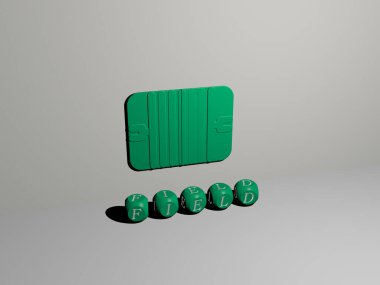 Duvarda 3D simge ve yerde kübik alfabe metni, arkaplan ve yeşil için 3D illüstrasyon