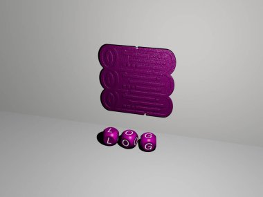 En üst perspektiften metalik kübik harflerle yapılmış metinlerle dikey olarak logaritmanın 3 boyutlu grafiksel görüntüsü, konsept sunumu ve arkaplan ve orman için slayt gösterileri için mükemmel