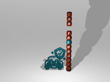 3 boyutlu simgenin yanında araba sigortası metni, otomobil ve otomobil için 3D illüstrasyon