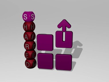Paylaşılan 3B simge ve zar harfi metni, iş ve şirket için 3B illüstrasyon