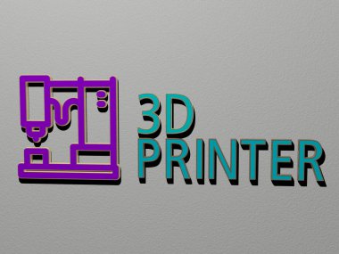 3D yazıcı grafikleri ve metnin, kavram ve arkaplan ve oluşturma sunumları ile ilgili anlamlar için metalik zar harfleri tarafından yapılan 3D illüstrasyonu