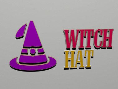 Witch HAT grafiklerinin 3 boyutlu çizimi ve metal zar harflerinin Cadılar Bayramı ve arkaplan için ilgili anlamlar ve sunumlar için yaptığı metinler