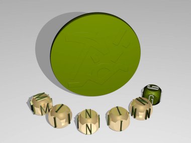 3B simge etrafında kübik harflerin MINING yuvarlak metni, arkaplan ve bitcoin için 3D illüstrasyon