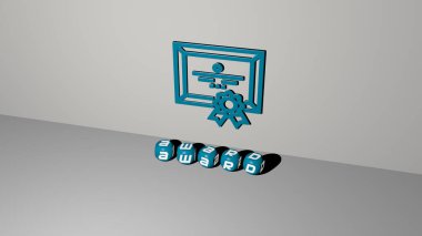 Duvardaki 3D simge ve yerdeki küp alfabelerin metni, arkaplan ve tasarım için 3D illüstrasyon