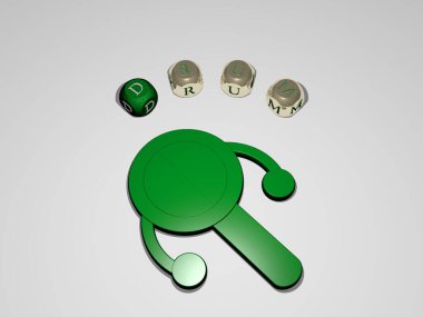 3B simge etrafında ayrı harflerin DRUM dairesel metni, arkaplan ve müzik için 3B illüstrasyon