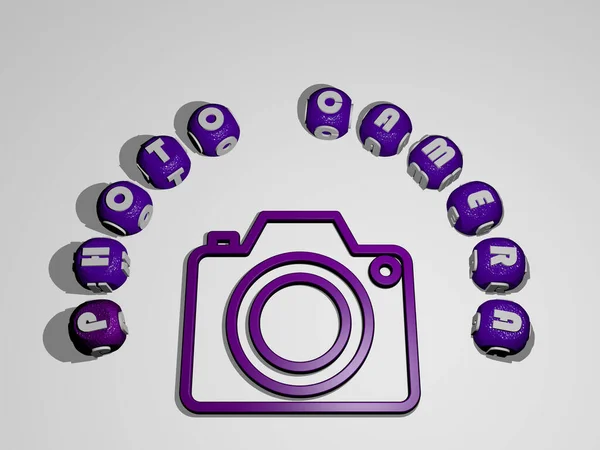 Fotokamera Symbol Umgeben Vom Text Einzelner Buchstaben Illustration Für Hintergrund — Stockfoto