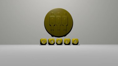 Duvardaki kablo 3D simge ve yerdeki kübik alfabelerin metni, arkaplan ve mavi için 3D illüstrasyon