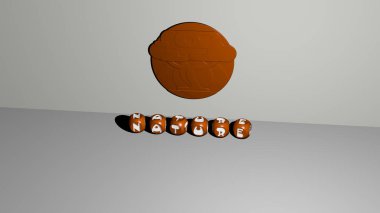 Duvardaki doğa 3D simgesi ve yerdeki kübik alfabelerin metni, arkaplan için 3D illüstrasyon ve güzel