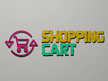 Alışveriş arabasının grafiklerinin 3 boyutlu çizimi ve konseptin ilgili anlamları ve arkaplan ve iş dünyası sunumları için metalik zar harfleri tarafından yapılan metinler