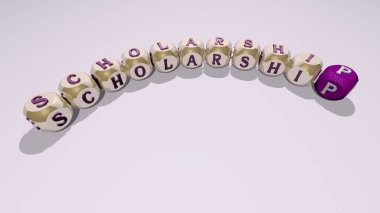 crosswords of scholarship arranged by cubic letters on a mirror floor, concept meaning and presentation for education and college clipart