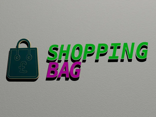 Ilustrace Grafiky Shopping Bag Textu Zhotoveného Kovovými Kostičkovými Písmeny Pro — Stock fotografie