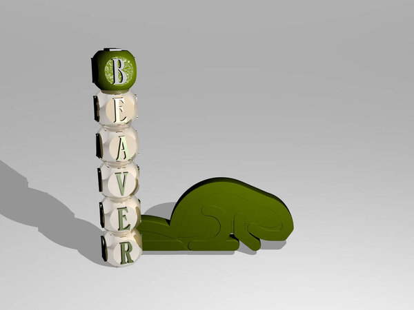 3D graphical image of beaver vertically along with text built around the icon by metallic cubic letters from the top perspective excellent for the concept presentation and slideshows for
