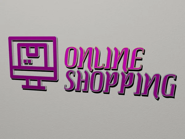 Online Shopping Symbol Und Text Der Wand Illustration Für Geschäft — Stockfoto