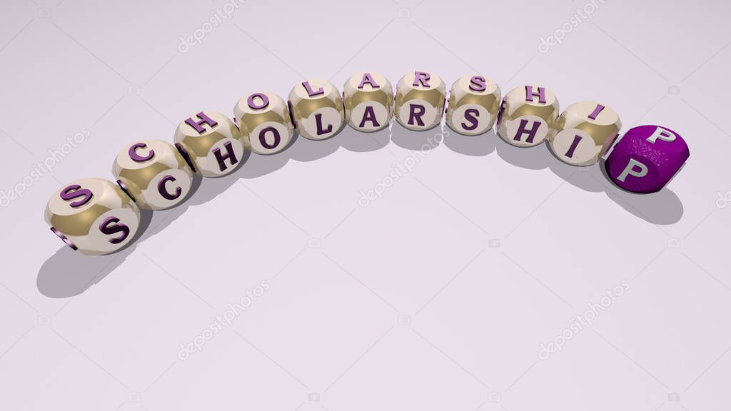 crosswords of scholarship arranged by cubic letters on a mirror floor, concept meaning and presentation for education and college