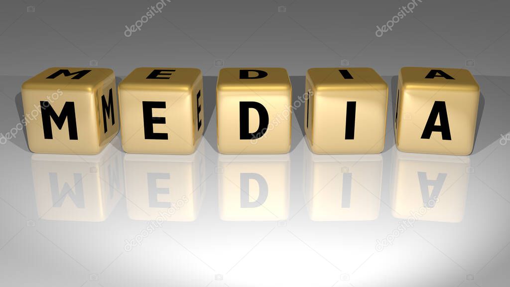 MEDIA text of cubic dice letters on the floor and 3D icon on the wall, 3D illustration for social and background