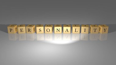 Zeminde küp zar harflerinin kişisellik metni ve duvarda 3D simge, editör ve moda için 3D illüstrasyon