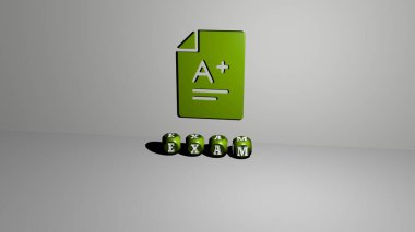 Duvarda EXAM 3D simgesi ve yerdeki kübik alfabelerin metni, doktor ve eğitim için 3D illüstrasyon