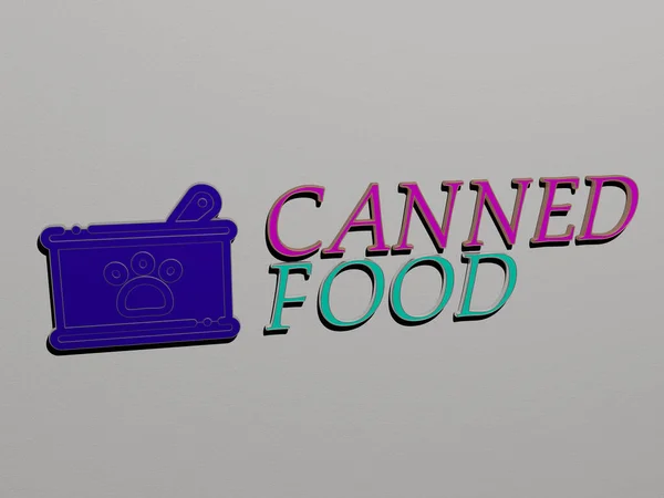 Prezentacja Canned Food Ikoną Ścianie Tekstem Ułożonym Metalicznymi Literami Sześciennymi — Zdjęcie stockowe