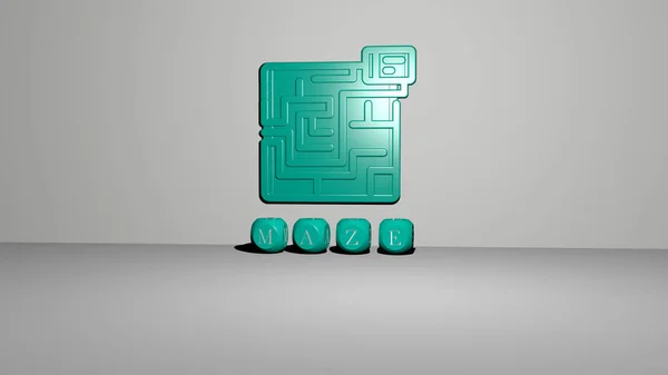 Maze Icona Sulla Parete Testo Alfabeti Cubici Sul Pavimento Illustrazione — Foto Stock