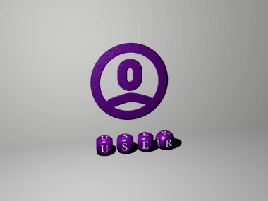 3B tasviri, duvarında simge ve ayna zemininde metalik kübik harfler ile illüstrasyon ve arayüz için sunum ve slayt gösterisi için düzenlenmiş USER sunumu