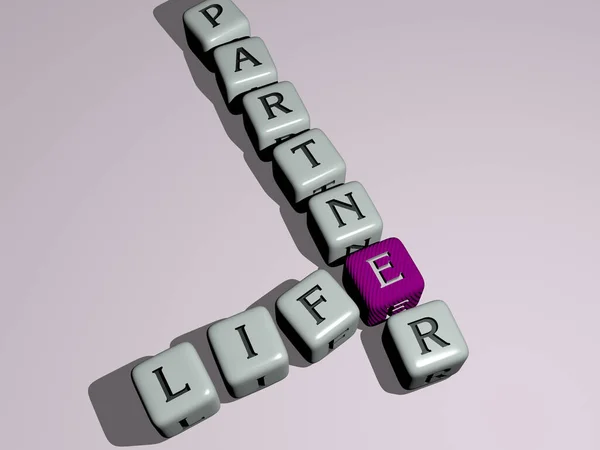love romance: LIFE PARTNER crossword by cubic dice letters, 3D illustration for background and concept