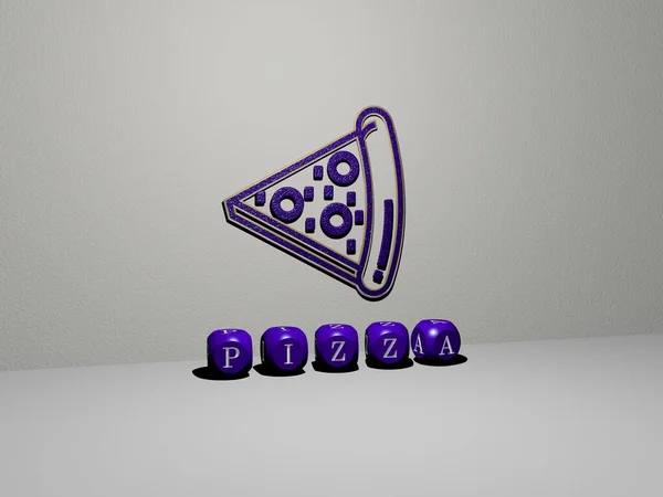 比萨的3D图形图像与从顶部看用金属立方体字母构建的文本垂直放置在一起 非常适合于概念展示以及食品和奶酪的滑行 — 图库照片