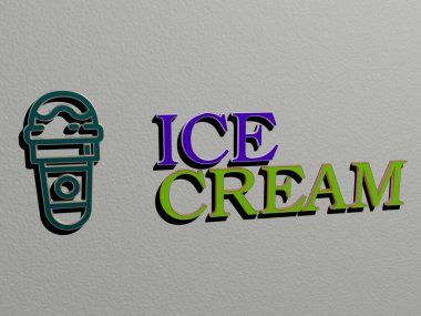 Dondurma grafiklerinin 3 boyutlu çizimi ve konseptin ilgili anlamları ve arkaplan ve soğuk hava sunumları için metalik zar harflerinin oluşturduğu metin