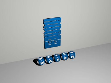 Duvardaki 3 boyutlu simge ve yerdeki kübik alfabelerin metni, arkaplan ve mavi için 3 boyutlu illüstrasyon