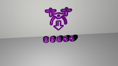 Duvardaki İHA 3D simgesi ve yerdeki kübik alfabelerin metni, hava ve görüntü için 3D illüstrasyon