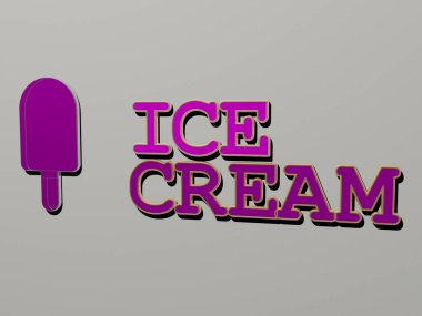 ICE CREAM simgesi ve duvardaki metin, arkaplan ve soğuk için 3D illüstrasyon