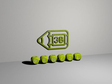 PENCIL 'in 3 boyutlu temsili, duvarda simge ve ayna zemininde metalik kübik harfler ile illüstrasyon ve arkaplan için ifade ve slayt gösterisi sunumu için düzenlenmiş metin