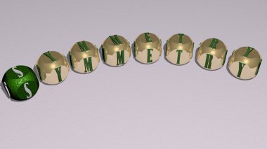 Kübik zar harflerinin SYMMETRY eğri metni, arkaplan ve soyut resim için 3D illüstrasyon