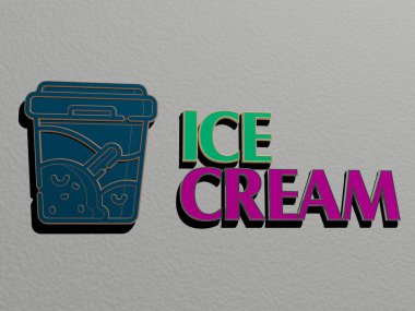 Dondurmanın dikey olarak 3 boyutlu grafiksel görüntüsü ve üst perspektiften metalik kübik harflerle oluşturulan metinler, konsept sunumu ve arkaplan ve soğuk için slayt gösterileri için mükemmel