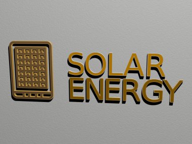 SOLAR ENERGY simgesi ve duvardaki metin, arkaplan ve alternatif için 3D illüstrasyon