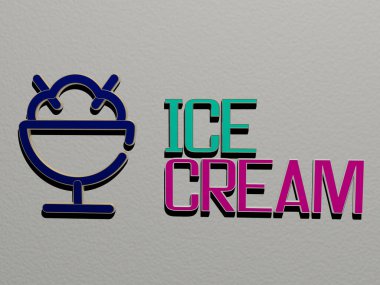 Dondurmanın dikey olarak 3 boyutlu grafiksel görüntüsü ve üst perspektiften metalik kübik harflerle oluşturulan metinler, konsept sunumu ve arkaplan ve soğuk için slayt gösterileri için mükemmel