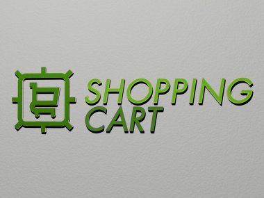 Alışveriş CART simgesi ve duvarda metin, arkaplan ve iş için 3D illüstrasyon