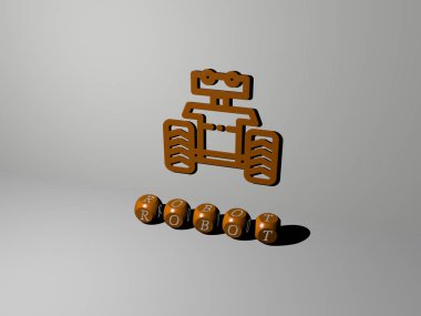 Robotun dikey olarak 3B grafiksel görüntüsü, üst perspektiften metalik kübik harflerle oluşturulan metinler, konsept sunumu ve sunum ve sunum ve suni slayt gösterileri için mükemmel