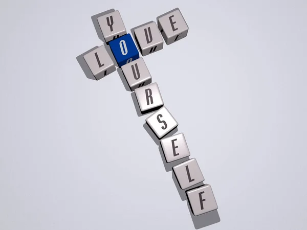 Love Yourself Кроссворд Помощью Букв Cubic Dice Трехмерная Иллюстрация Фона — стоковое фото