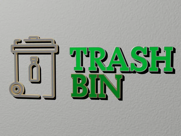 trash bin icon and text on the wall, 3D illustration for garbage and background