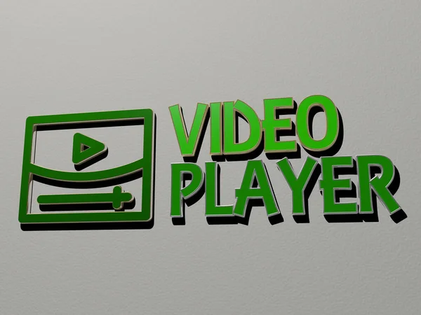 Video Player图标和文字在墙上 3D插图为背景和相机 — 图库照片