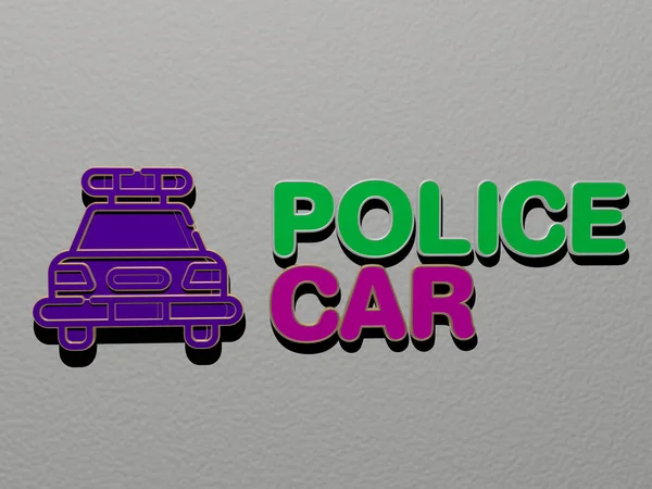 3D illustration of POLICE CAR graphics and text made by metallic dice letters for the related meanings of the concept and presentations for editorial and background