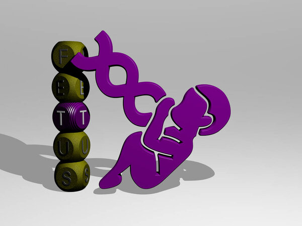 FETUS 3D icon and dice letter text, 3D illustration for baby and pregnant