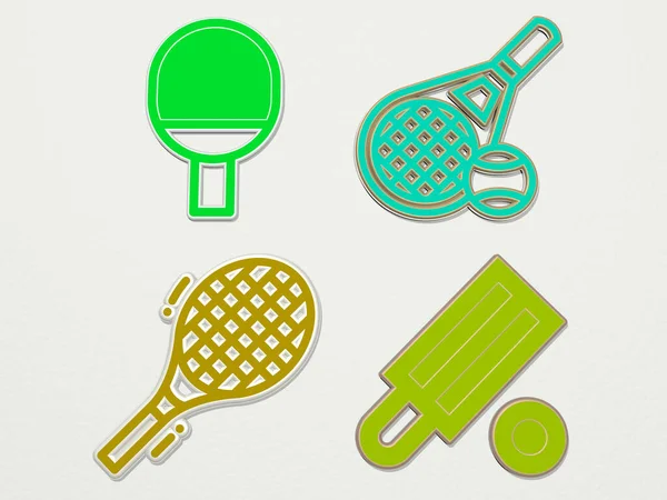 Racket 4のアイコンセット テニスとボールのための3Dイラスト — ストック写真