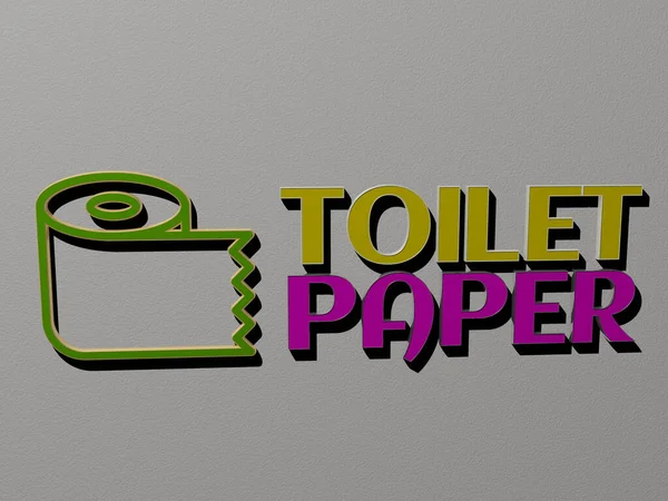 3D graphical image of TOILET PAPER vertically along with text built by metallic cubic letters from the top perspective, excellent for the concept presentation and slideshows for bathroom and