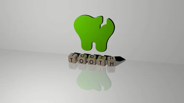 床に立方ダイス文字と壁に3DアイコンのToothテキスト 歯科ケアのための3Dイラスト — ストック写真
