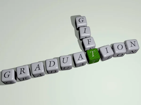用三次骰子字母表示的毕业礼物填字游戏 教育和背景的3D插图 — 图库照片